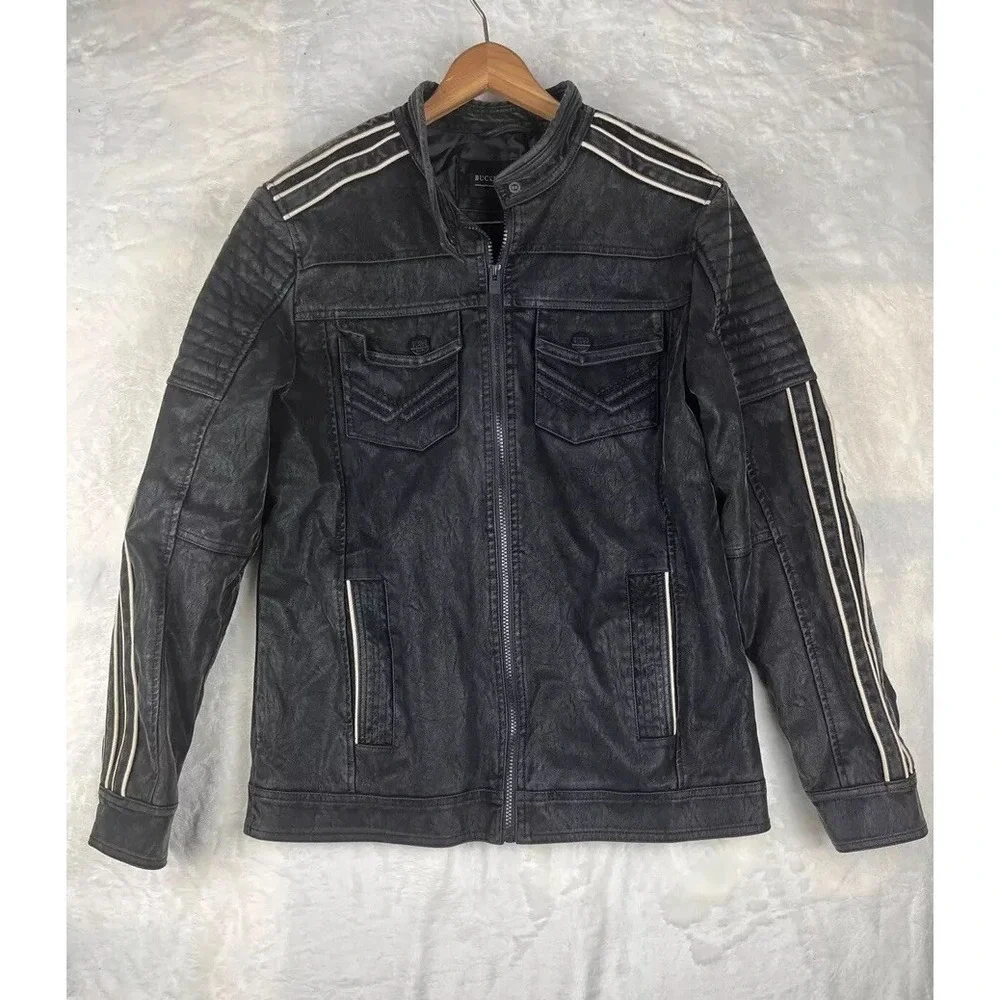 Buckle‎ Faux Suede Jacket Men's Small Black Distressed Zip Biker Piping Details